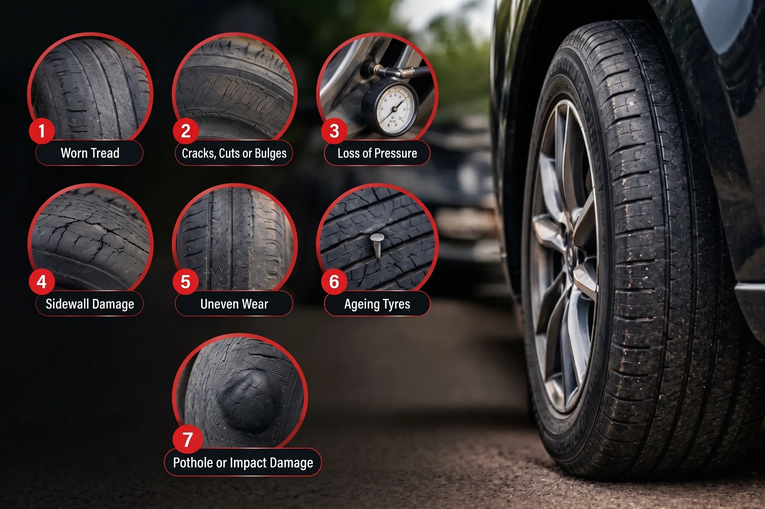 Unsafe car tyres showing signs of tyre damage and wear