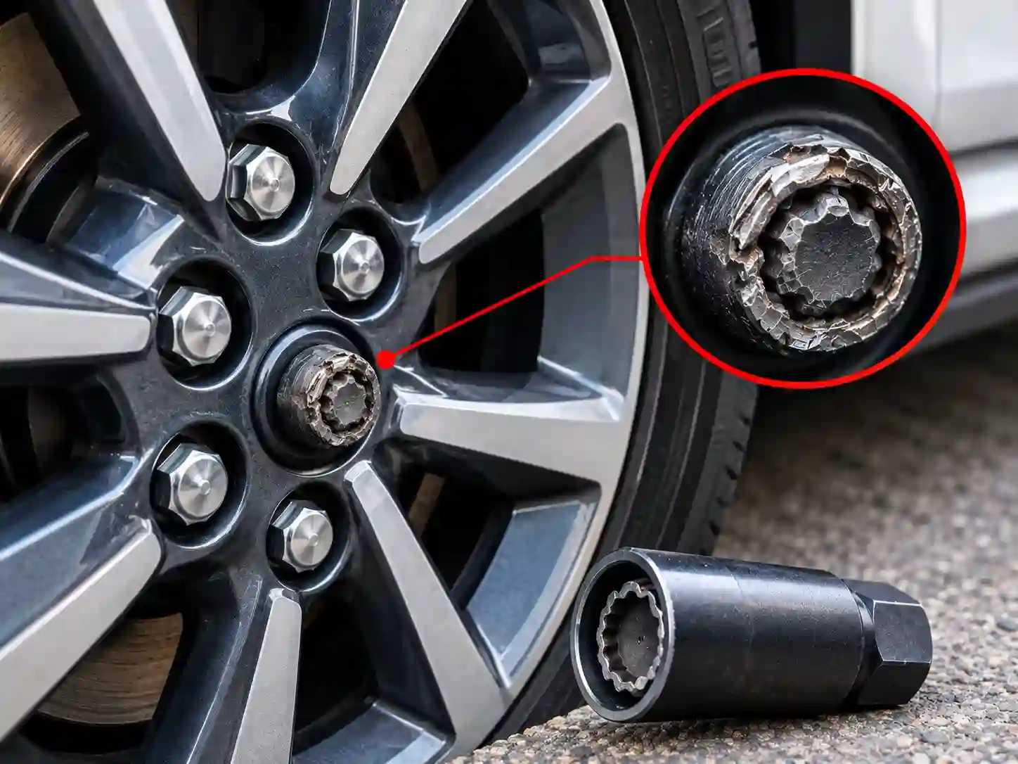 Damaged and Rounded Locking Wheel Nut on Alloy Wheel