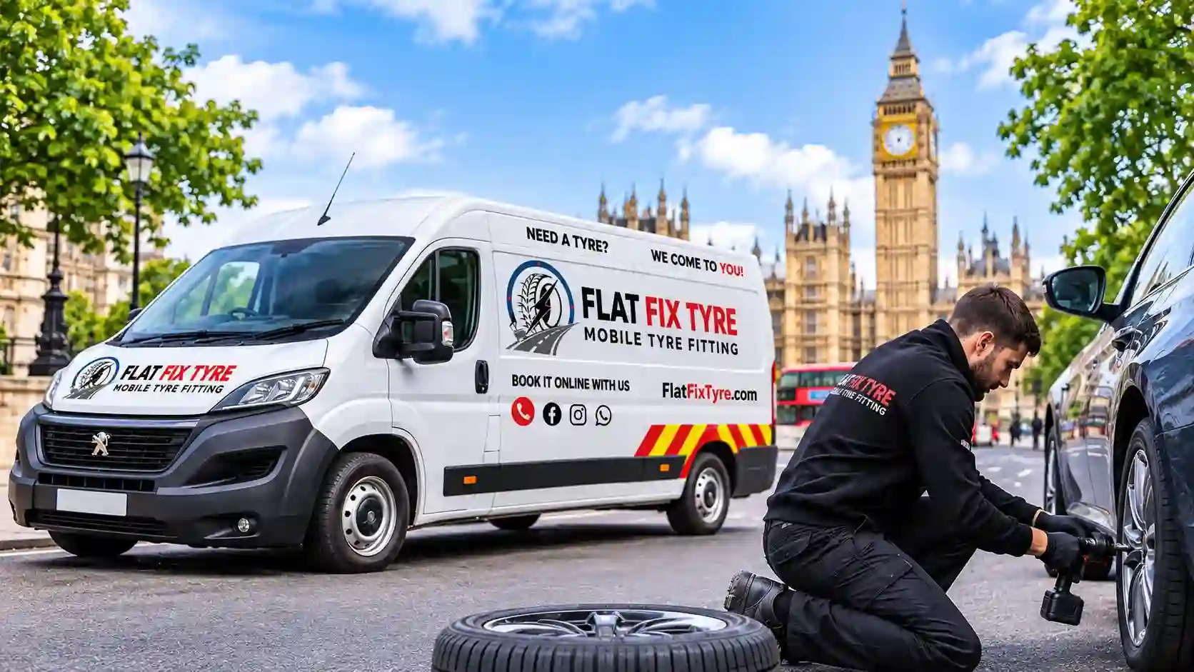 Mobile tyre fitting service attending a vehicle in London