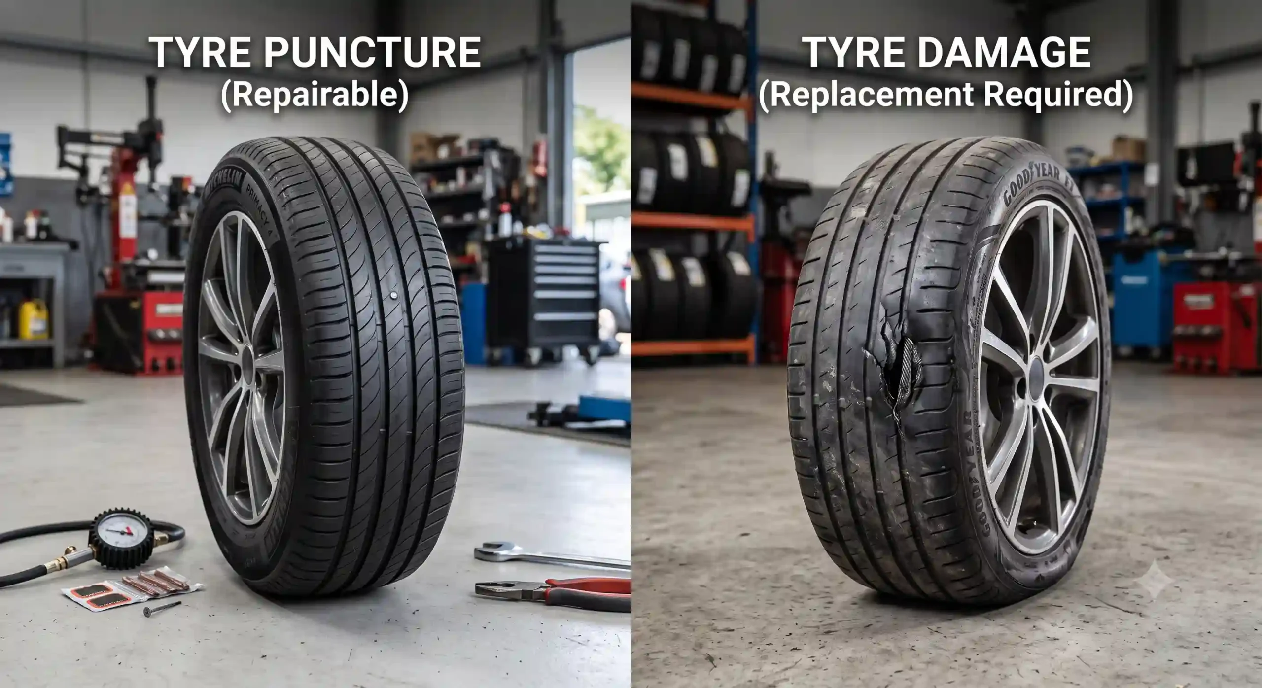 Car tyre being inspected for a puncture and possible tyre damage