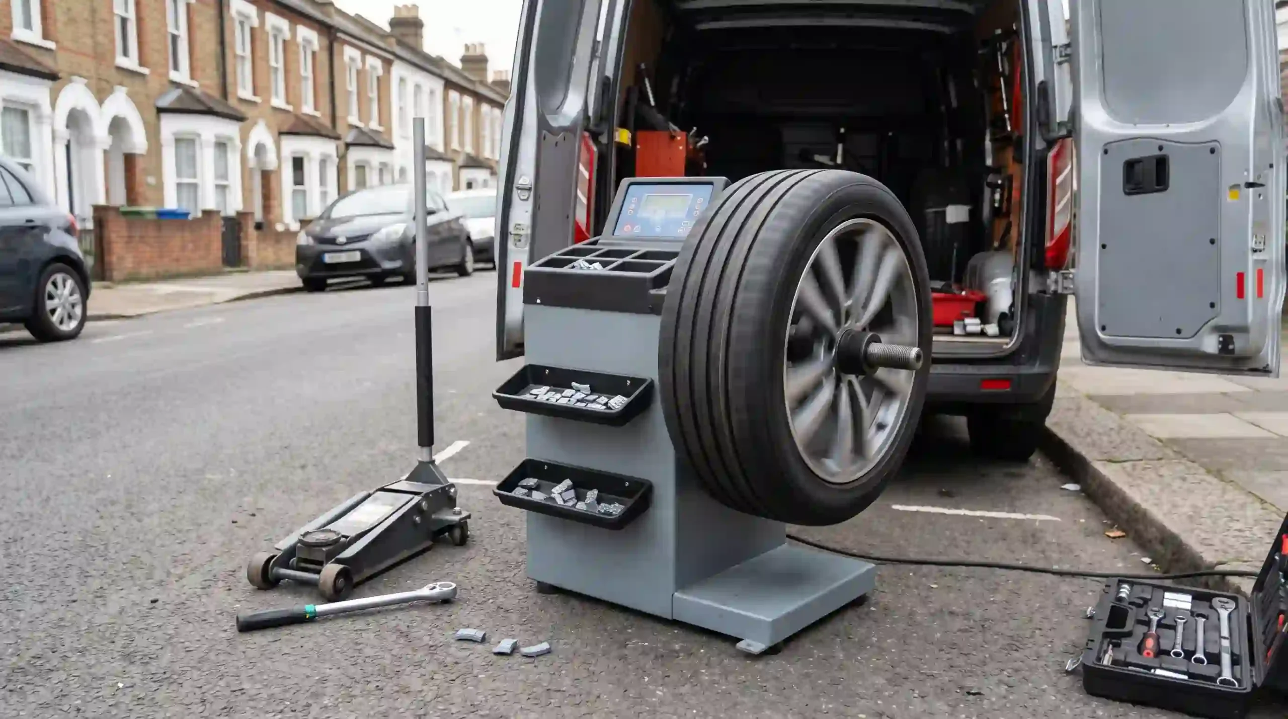 FlatFix Tyre technician balancing a wheel at a customer's home in London
