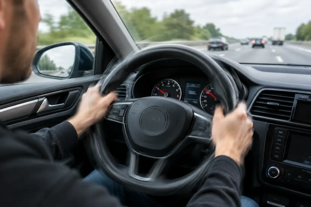 Driver holding a shaking steering wheel while driving on a motorway.