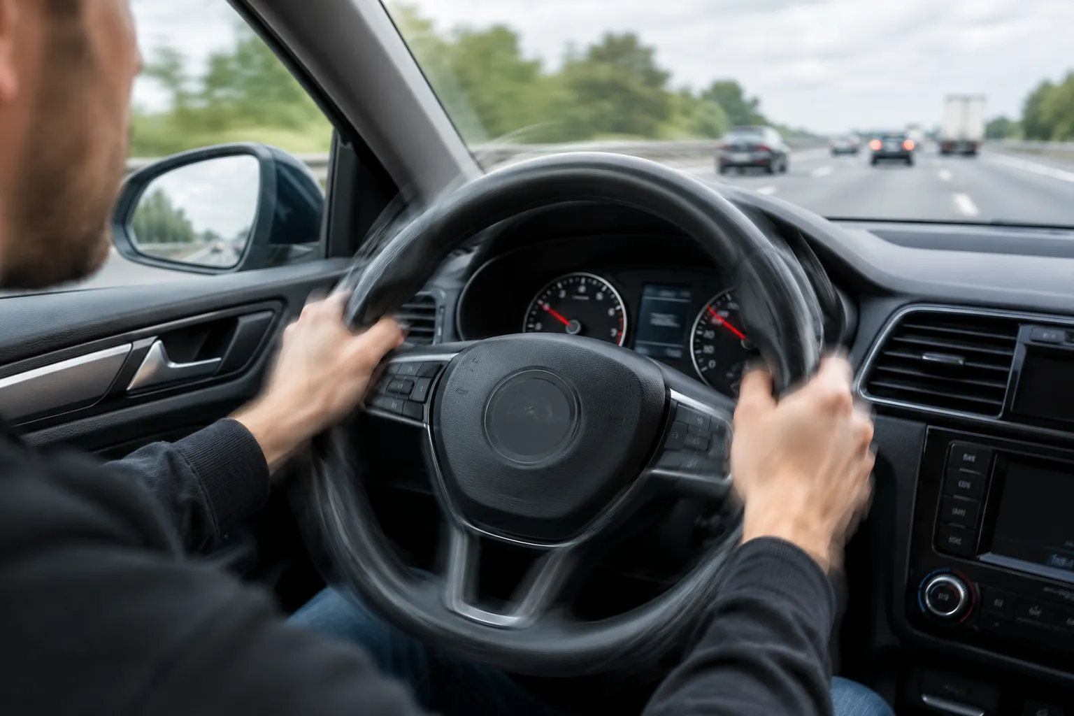 Driver holding a steering wheel that is shaking at motorway speed