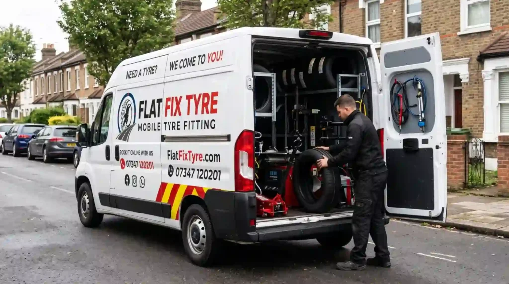 FlatFix Tyre mobile fitting van with rear doors open showing on-board tyre changer, digital balancer, and hydraulic jacks on a London street