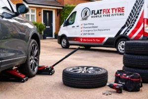 FlatFix Tyre mobile tyre fitting van with tools, car jack, and replacement tyres on-site