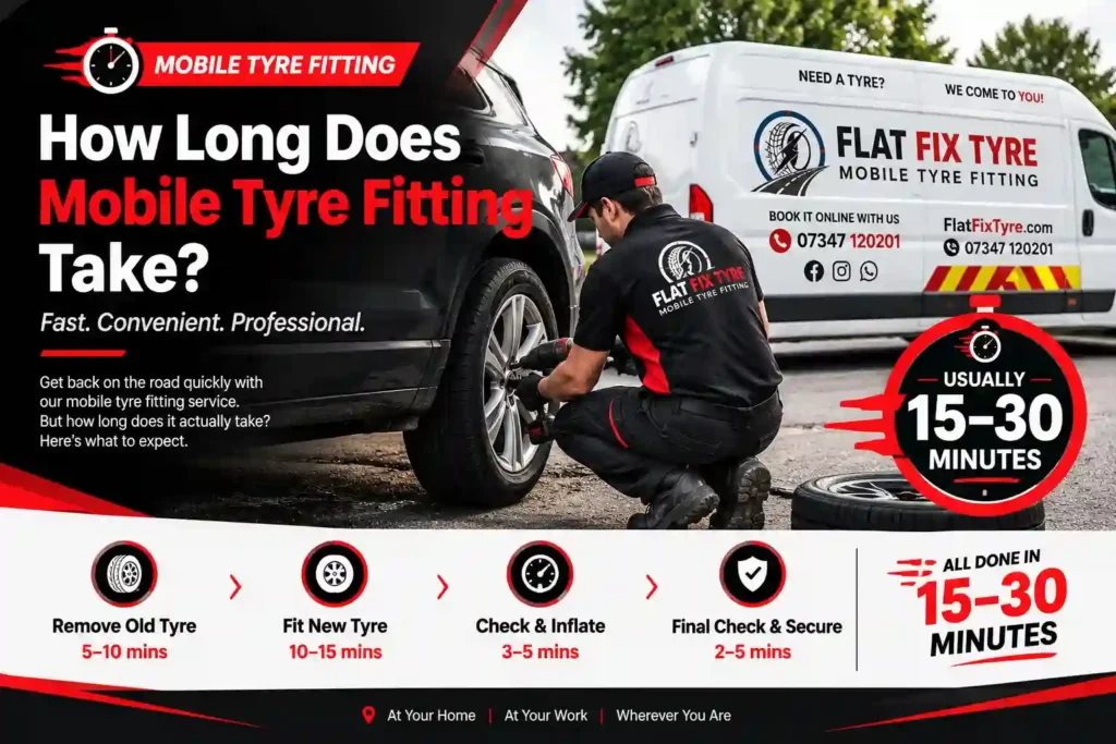 Mobile tyre fitting technician servicing a car beside a Flat Fix Tyre van