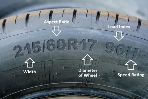 Tyre sidewall markings showing size dimensions and speed rating codes