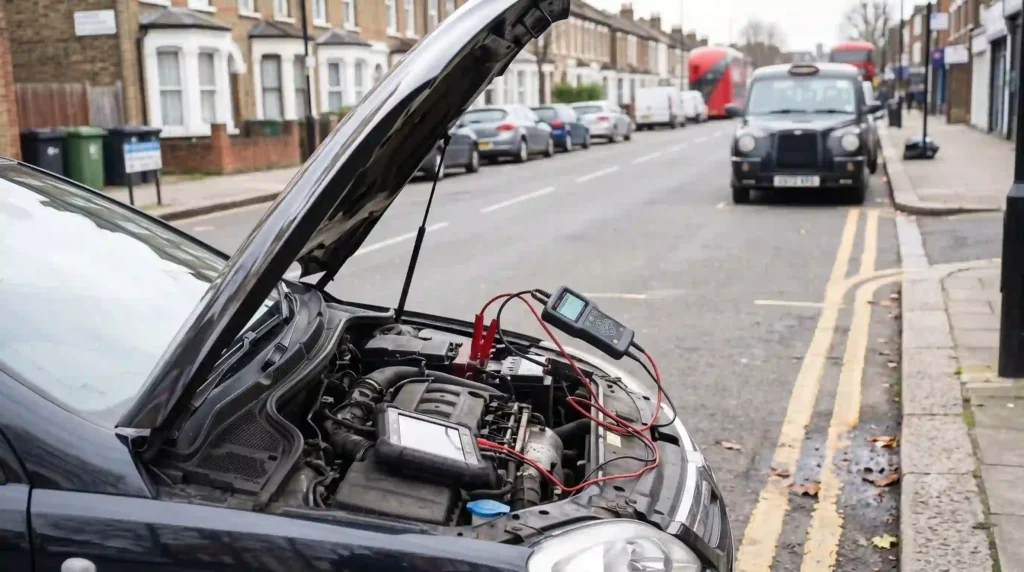 Car with open bonnet and battery diagnostic testing equipment connected to terminals on a London street curb