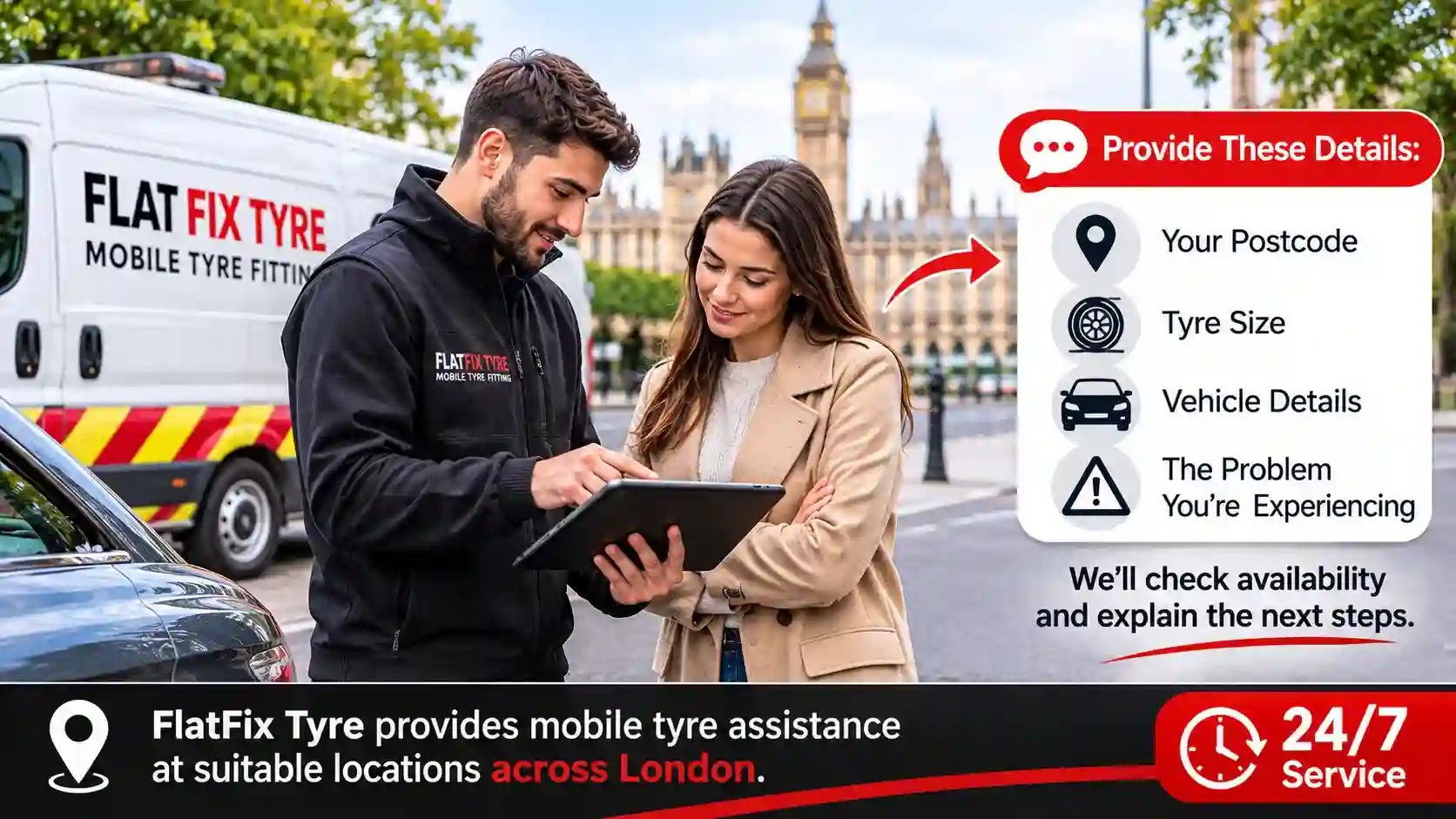 Mobile tyre assistance for London drivers at a suitable vehicle location