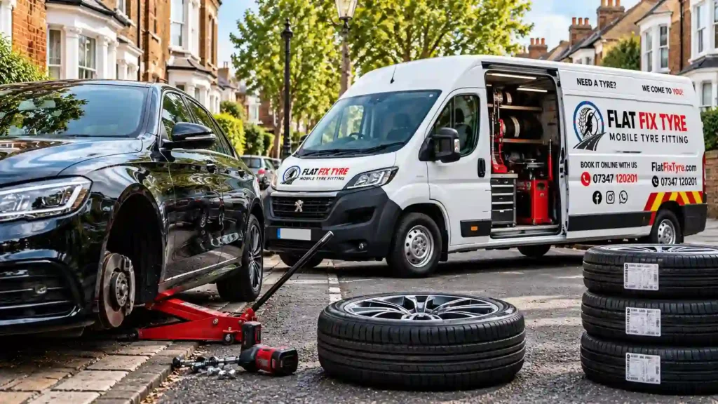 FlatFix Tyre mobile service van with on-board fitting workshop attending a roadside car with removed wheel and new tyres in London