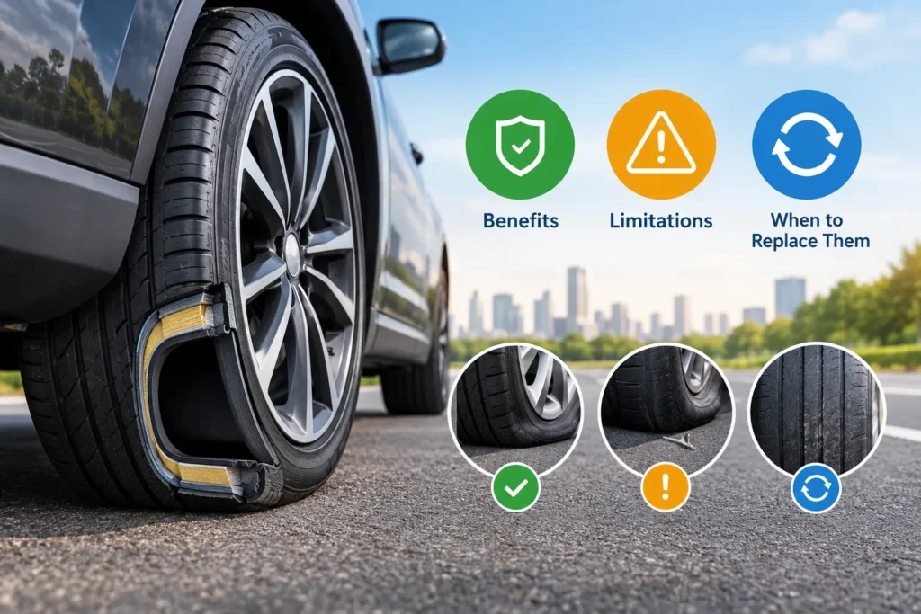 Cross-section of a run flat car tyre showing reinforced sidewall benefits, driving limitations, and when to replace guide